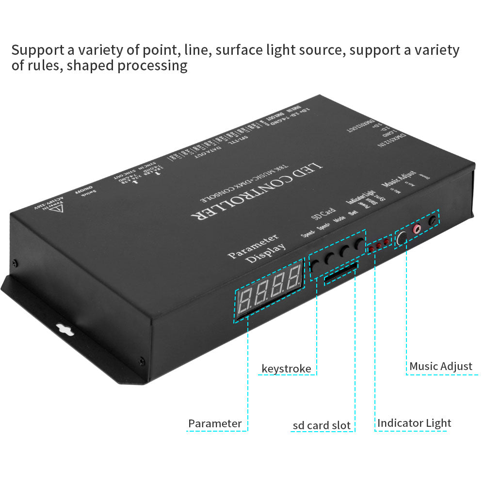 SPI-TTL Led Strip Light Controller T8K Music, 8Channels DMX Console With Mic in Aux in