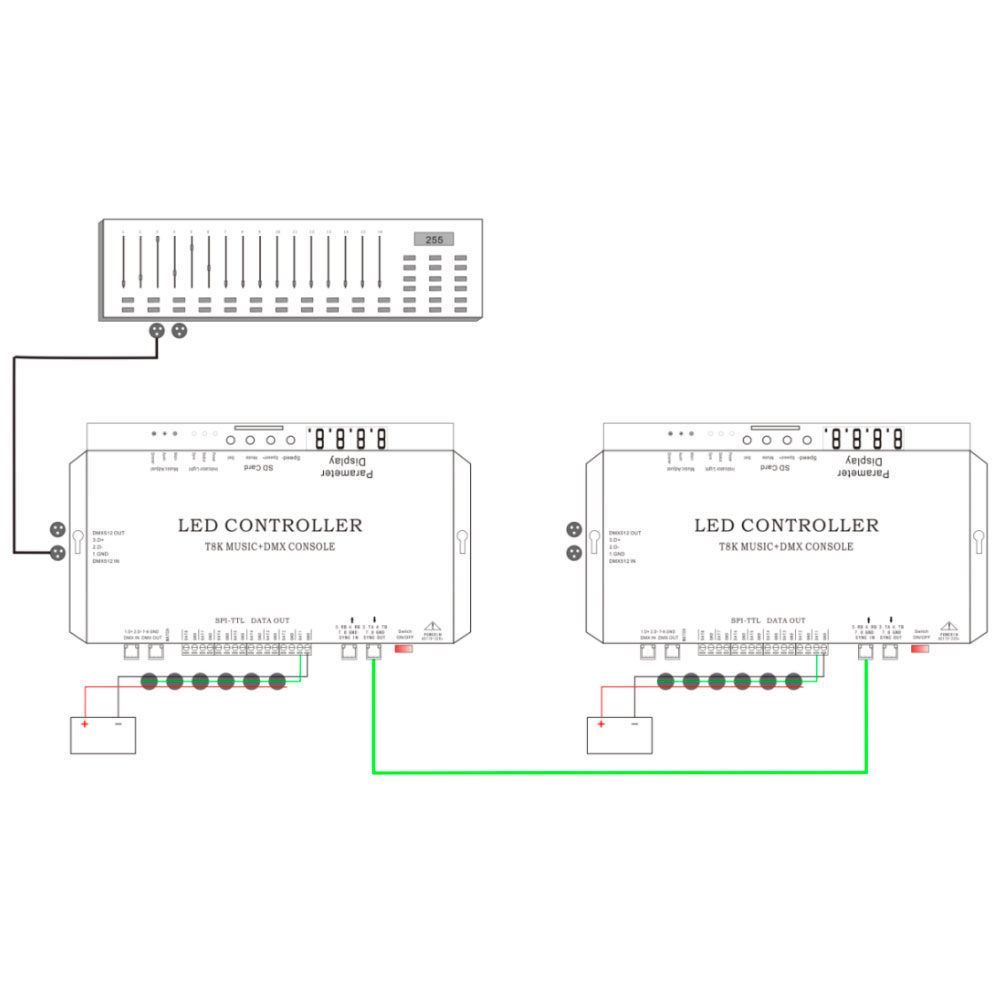 SPI-TTL Led Strip Light Controller T8K Music, 8Channels DMX Console With Mic in Aux in
