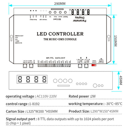 SPI-TTL Led Strip Light Controller T8K Music, 8Channels DMX Console With Mic in Aux in