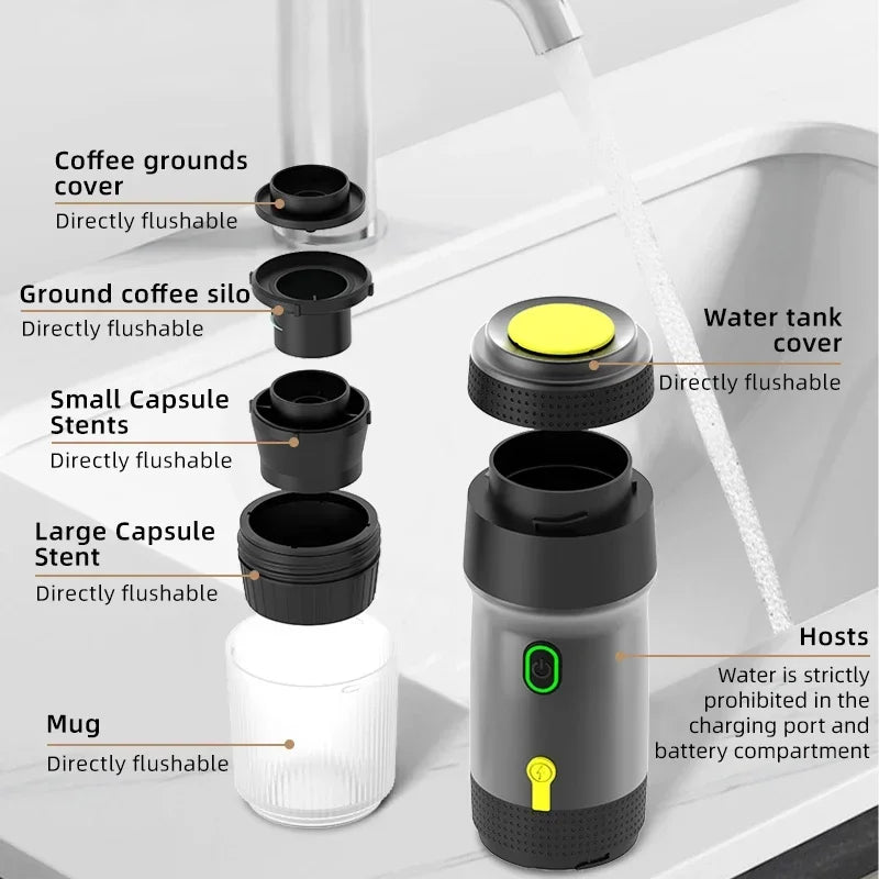 Electric Portable Coffee Machine, 3-in-1 Italian Espresso Maker for Car, Home Travel, Compatible with Capsules Ground