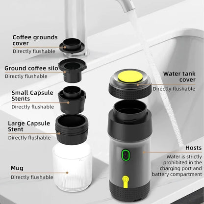 Electric Portable Coffee Machine, 3-in-1 Italian Espresso Maker for Car, Home Travel, Compatible with Capsules Ground