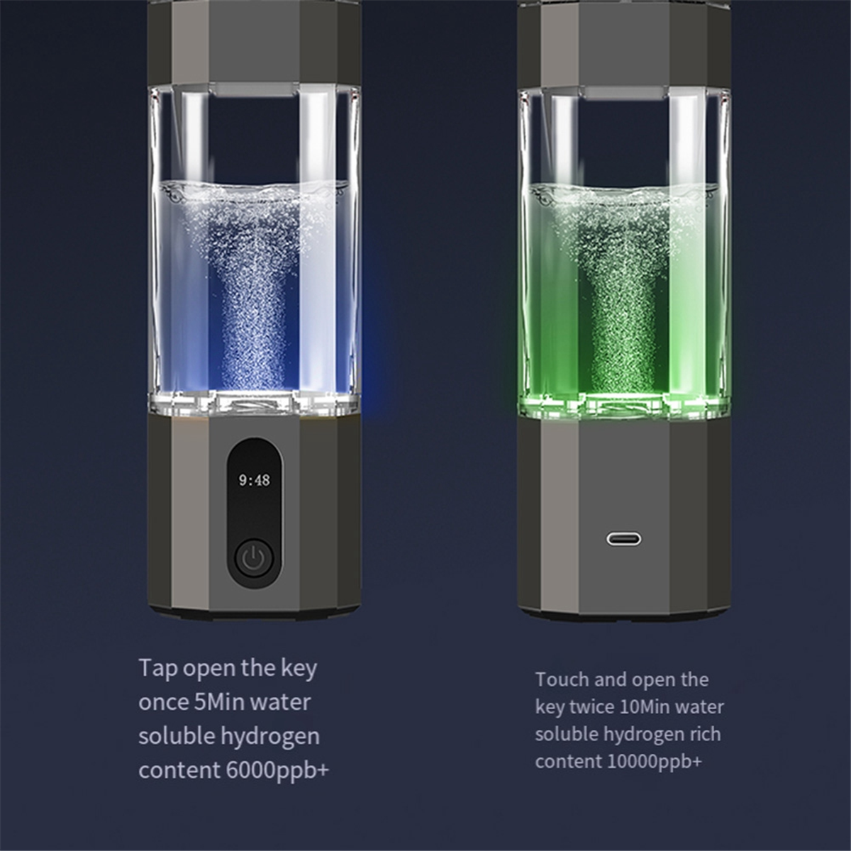 Portable Hydrogen Water Bottle Black, PEM Electrolysis Hydrogen Generator 8000PPB Rechargeable Display