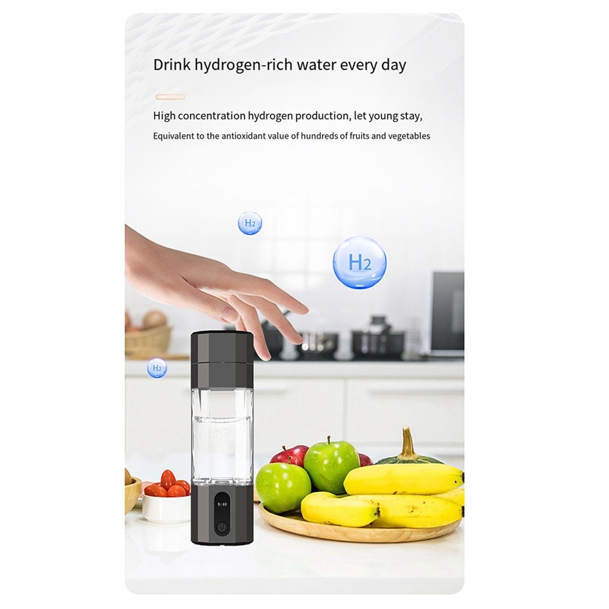 Portable Hydrogen Water Bottle Black, PEM Electrolysis Hydrogen Generator 8000PPB Rechargeable Display