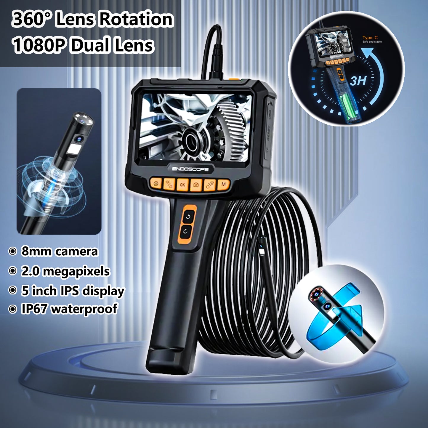 8mm 5in 360 1080P Dual Lens Endoscope Camera, Industrial Rotary Inspection Tool for Piping, Automotive, HVAC