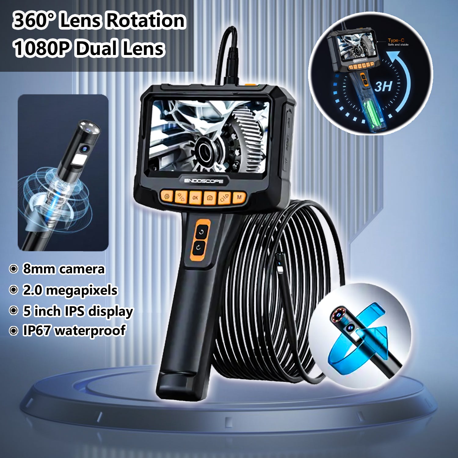 8mm 5in 360 1080P Dual Lens Endoscope Camera, Industrial Rotary Inspection Tool for Piping, Automotive, HVAC