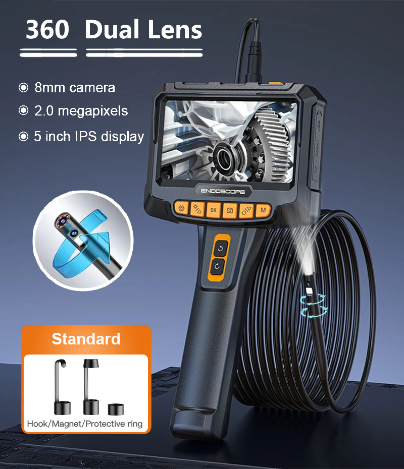 8mm 5in 360 1080P Dual Lens Endoscope Camera, Industrial Rotary Inspection Tool for Piping, Automotive, HVAC