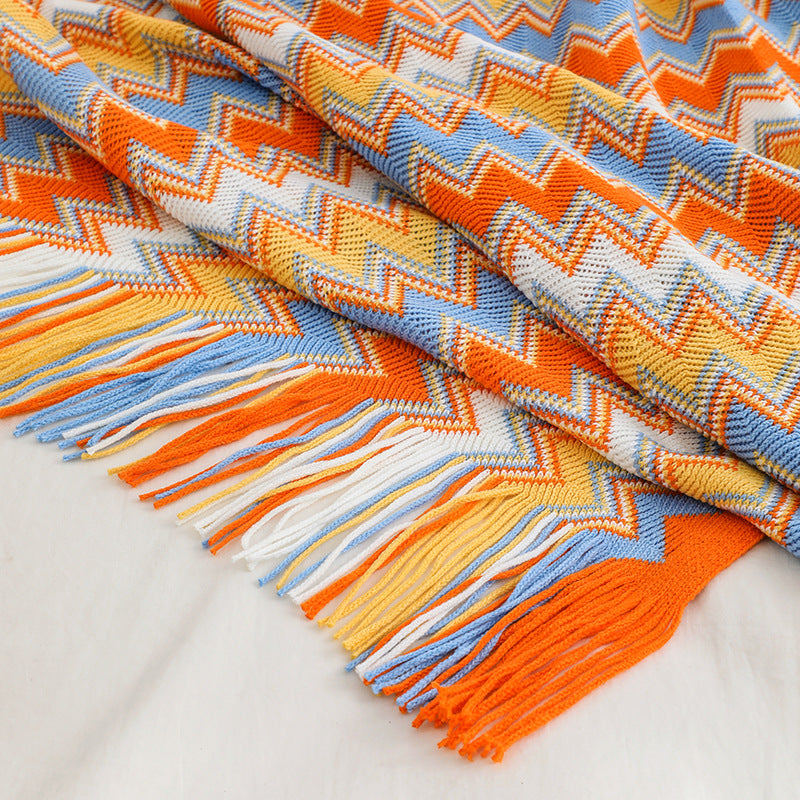 Bohemian Blanket Sofa Cover, Plaid Boho Decorative Blanket, Geometric Knitted Slipcover for Couch Bed Chair