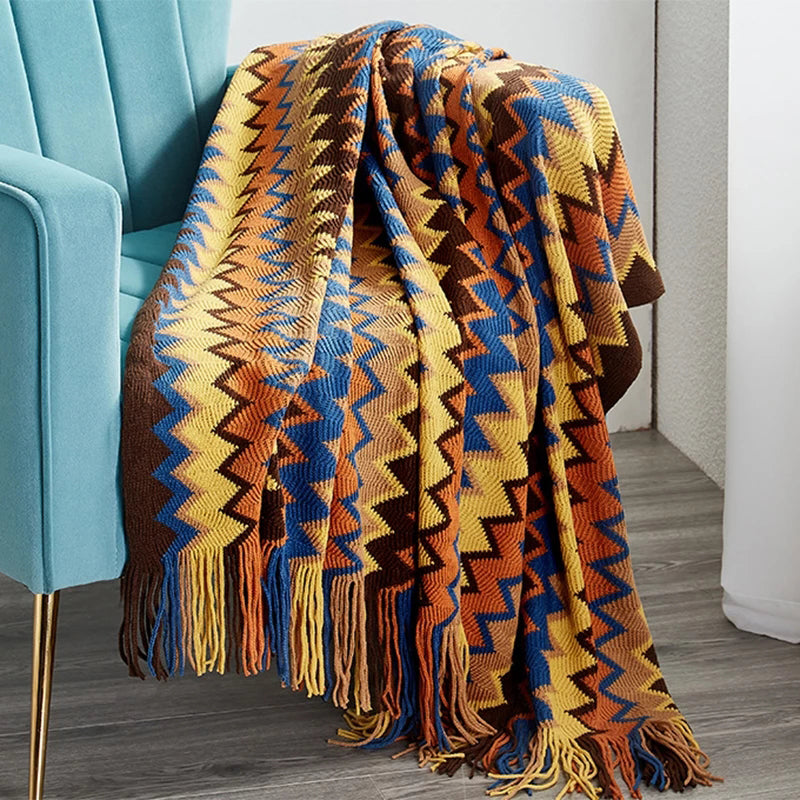 Bohemian Blanket Sofa Cover, Plaid Boho Decorative Blanket, Geometric Knitted Slipcover for Couch Bed Chair