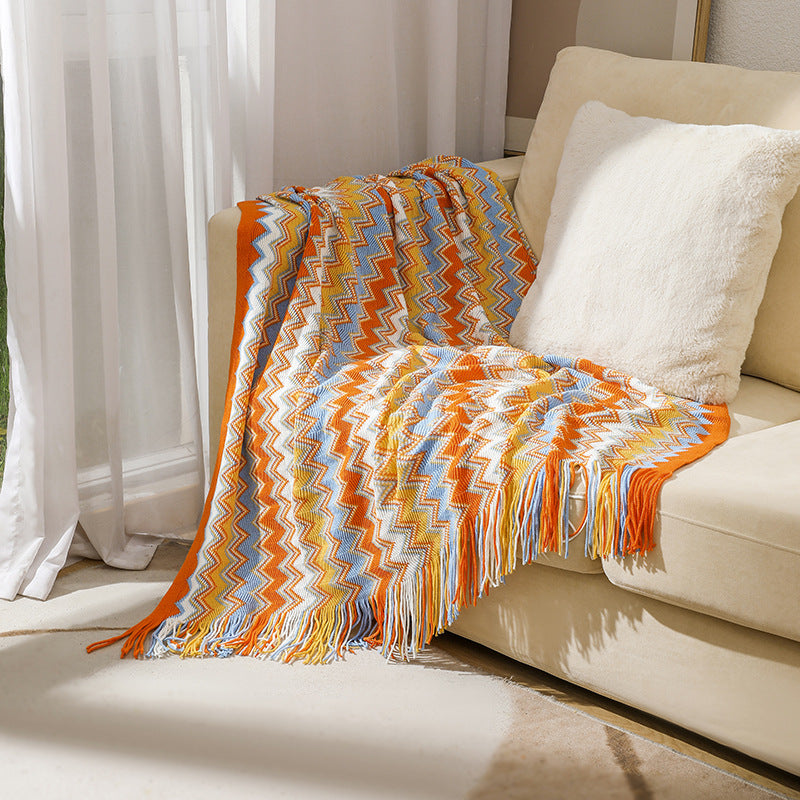 Bohemian Blanket Sofa Cover, Plaid Boho Decorative Blanket, Geometric Knitted Slipcover for Couch Bed Chair