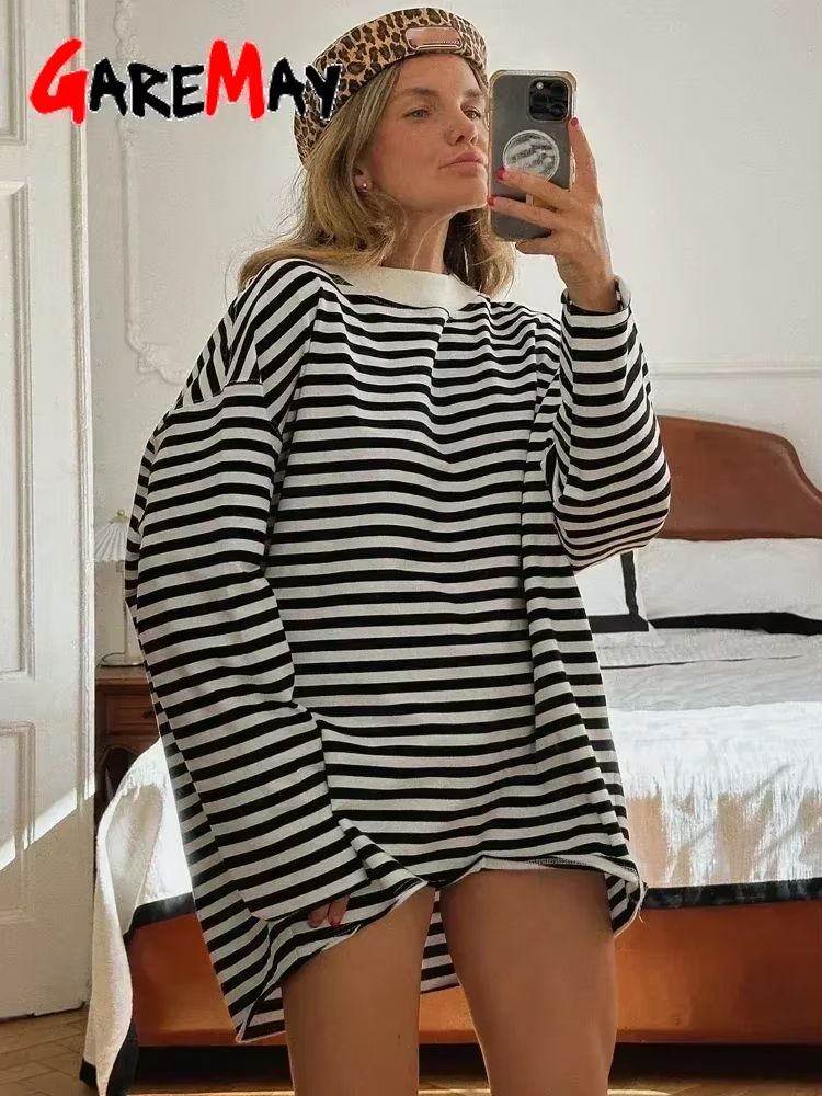 Women's Oversized Striped T-Shirt – 95% Cotton Long Sleeve Vintage Casual Top