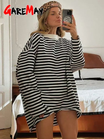 Women's Oversized Striped T-Shirt – 95% Cotton Long Sleeve Vintage Casual Top