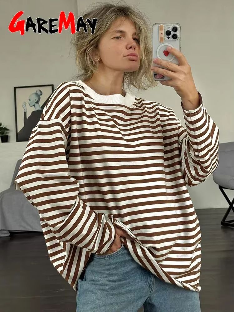 WomenS Oversized Striped TShirt  95 Cotton Long Sleeve Vintage Casual Top 2