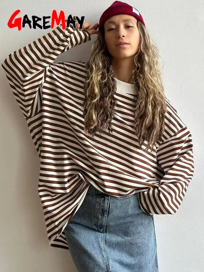 WomenS Oversized Striped TShirt  95 Cotton Long Sleeve Vintage Casual Top 3