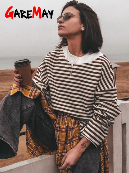 WomenS Oversized Striped TShirt  95 Cotton Long Sleeve Vintage Casual Top 4