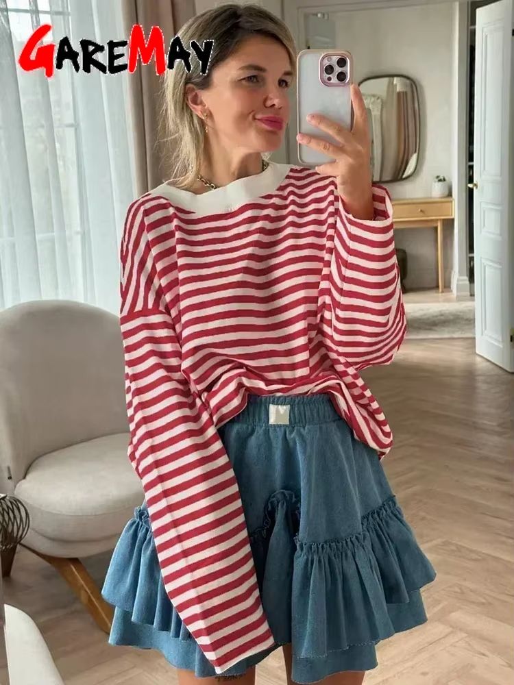 WomenS Oversized Striped TShirt  95 Cotton Long Sleeve Vintage Casual Top 5