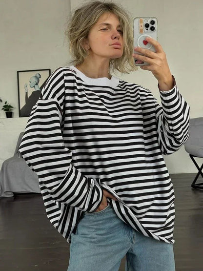 WomenS Oversized Striped TShirt  95 Cotton Long Sleeve Vintage Casual Top 10