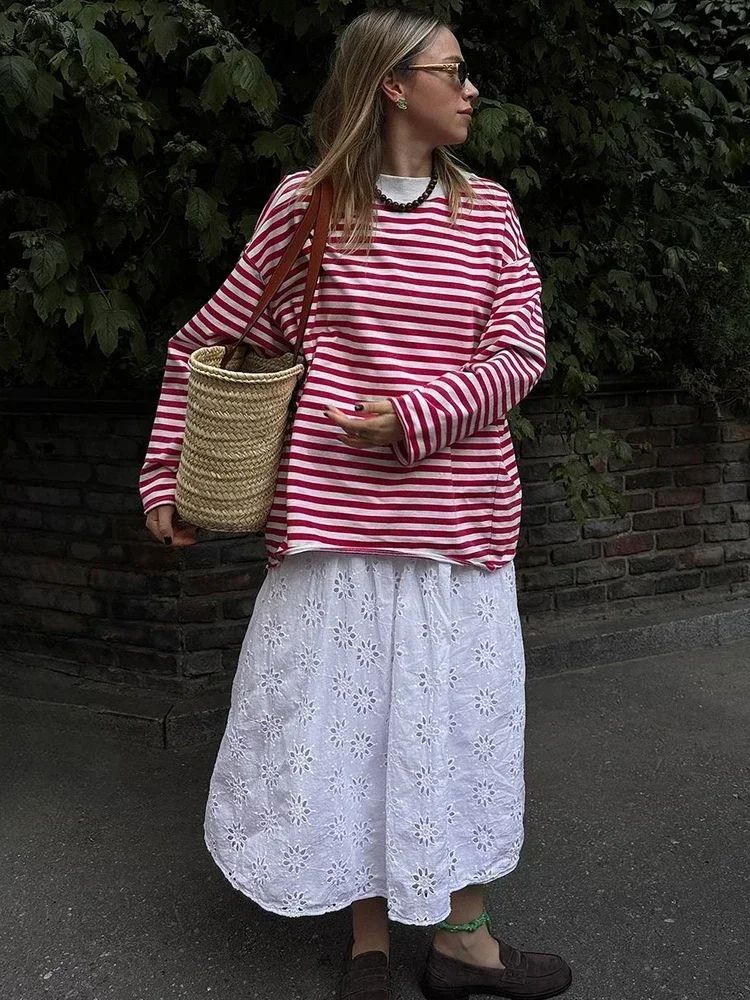 WomenS Oversized Striped TShirt  95 Cotton Long Sleeve Vintage Casual Top 13