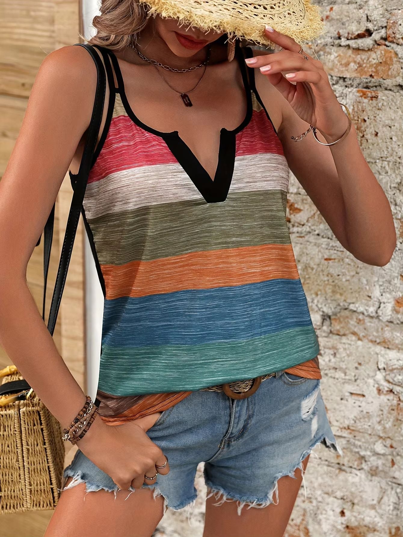 Summer Color Block Striped VNeck Tank Top  Casual Chic Sleeveless Vest For Women 5