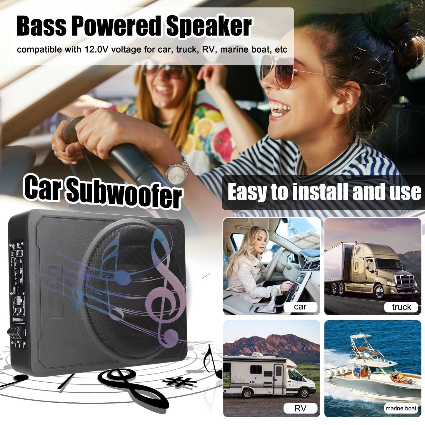 800W Slim Car Subwoofer With BuiltIn Amplifier  Underseat Bass Box Speaker For Cars Trucks  Boats 1