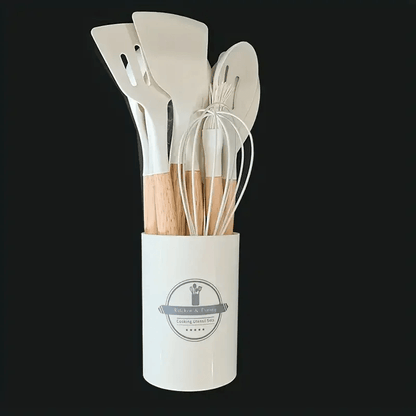 NonStick Silicone Cooking Utensils Set Wooden Handle Spatula  Spoon HeatResistant Kitchen Tools Mul 8