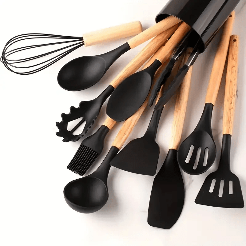 NonStick Silicone Cooking Utensils Set Wooden Handle Spatula  Spoon HeatResistant Kitchen Tools Mul 10