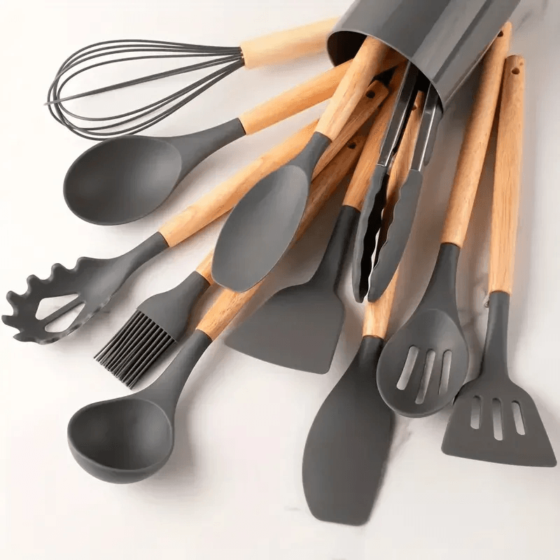 NonStick Silicone Cooking Utensils Set Wooden Handle Spatula  Spoon HeatResistant Kitchen Tools Mul 11