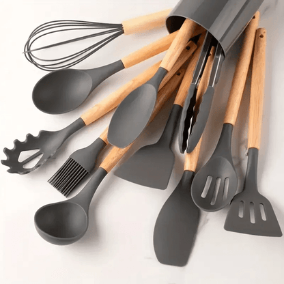 NonStick Silicone Cooking Utensils Set Wooden Handle Spatula  Spoon HeatResistant Kitchen Tools Mul 11