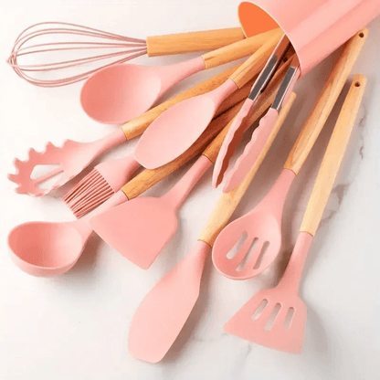 NonStick Silicone Cooking Utensils Set Wooden Handle Spatula  Spoon HeatResistant Kitchen Tools Mul 12