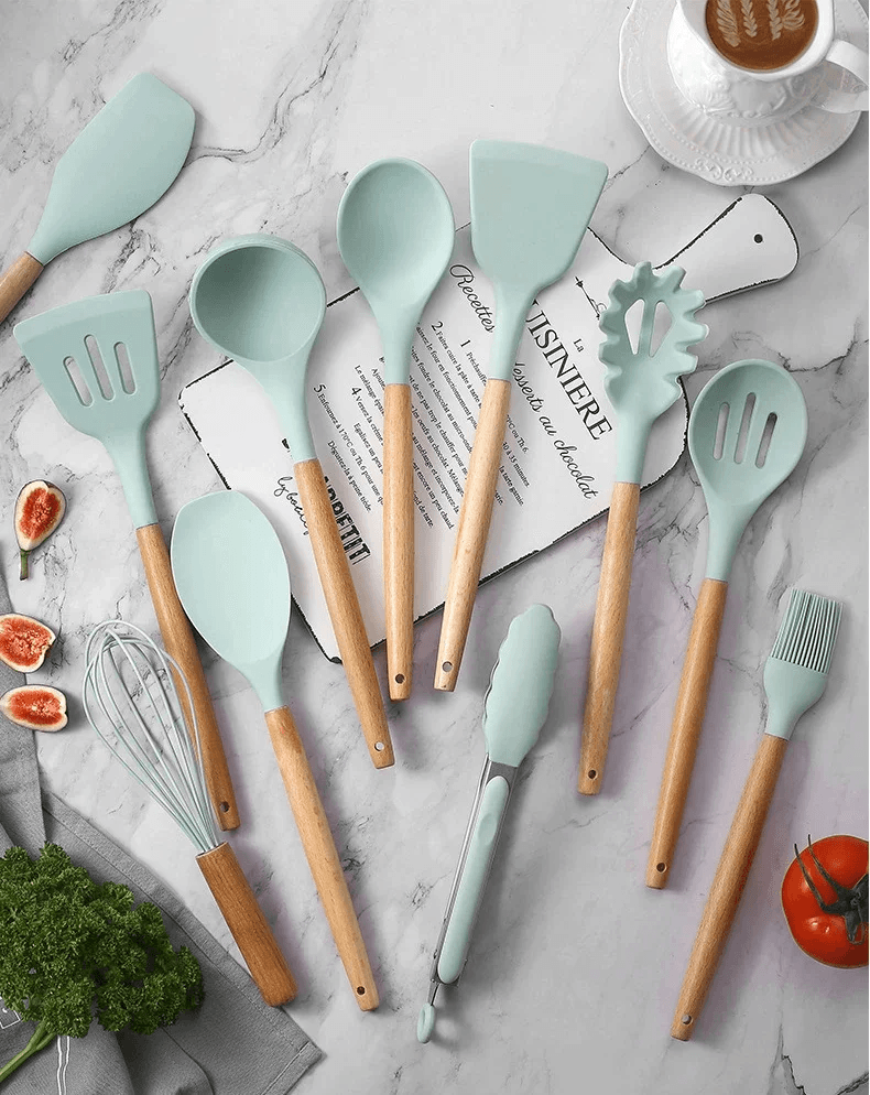 NonStick Silicone Cooking Utensils Set Wooden Handle Spatula  Spoon HeatResistant Kitchen Tools Mul 4