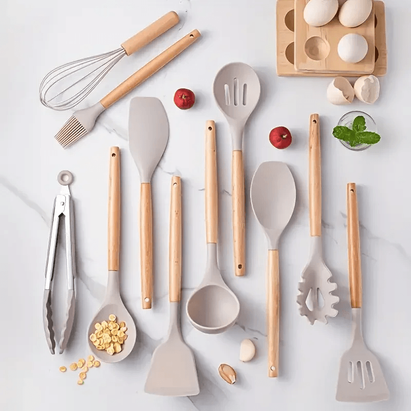 NonStick Silicone Cooking Utensils Set Wooden Handle Spatula  Spoon HeatResistant Kitchen Tools Mul 2
