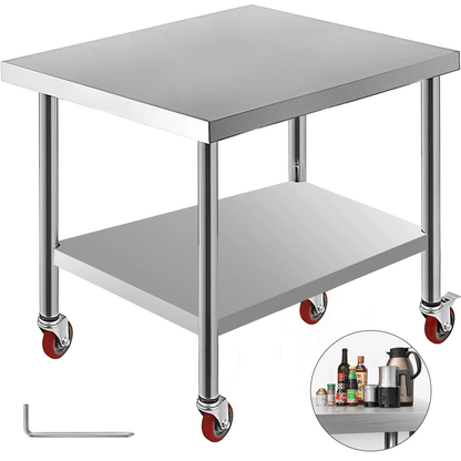Stainless Steel Work Bench Table, Heavy-Duty Kitchen Worktable with Wheels for Commercial & Home Use