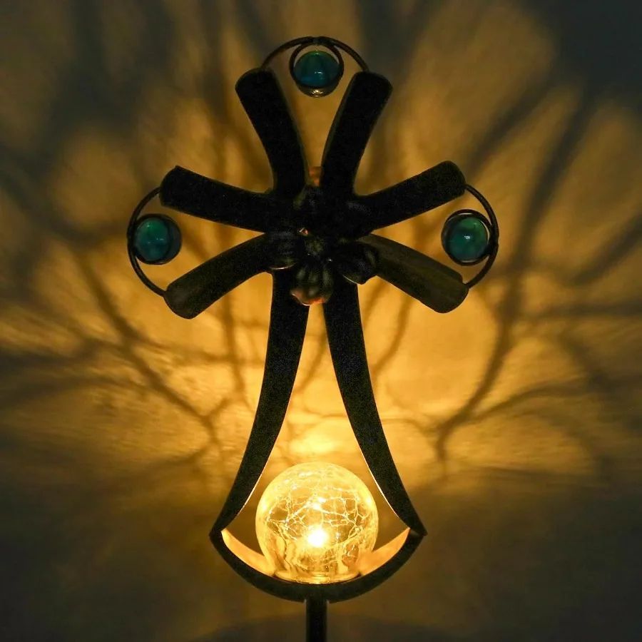 Solar Cross Garden Outdoor Lights With Crack Glass LED Waterproof Metal Stakes For Cemetery Decorat 1