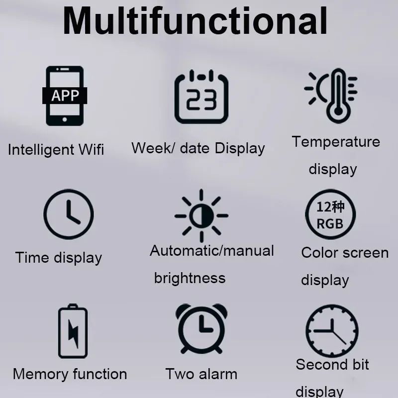 Smart WiFi Colorful LED Large Digital Wall Clock Temperature Date Week Display Dual Alarms Remote C 12