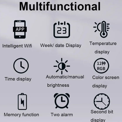 Smart WiFi Colorful LED Large Digital Wall Clock Temperature Date Week Display Dual Alarms Remote C 12