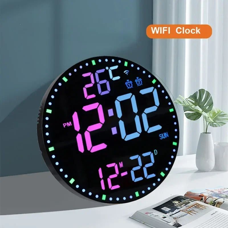 Smart WiFi Colorful LED Large Digital Wall Clock, Temperature Date Week Display, Dual Alarms, Remote Control, Home Decor