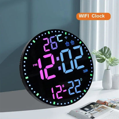 Smart WiFi Colorful LED Large Digital Wall Clock, Temperature Date Week Display, Dual Alarms, Remote Control, Home Decor