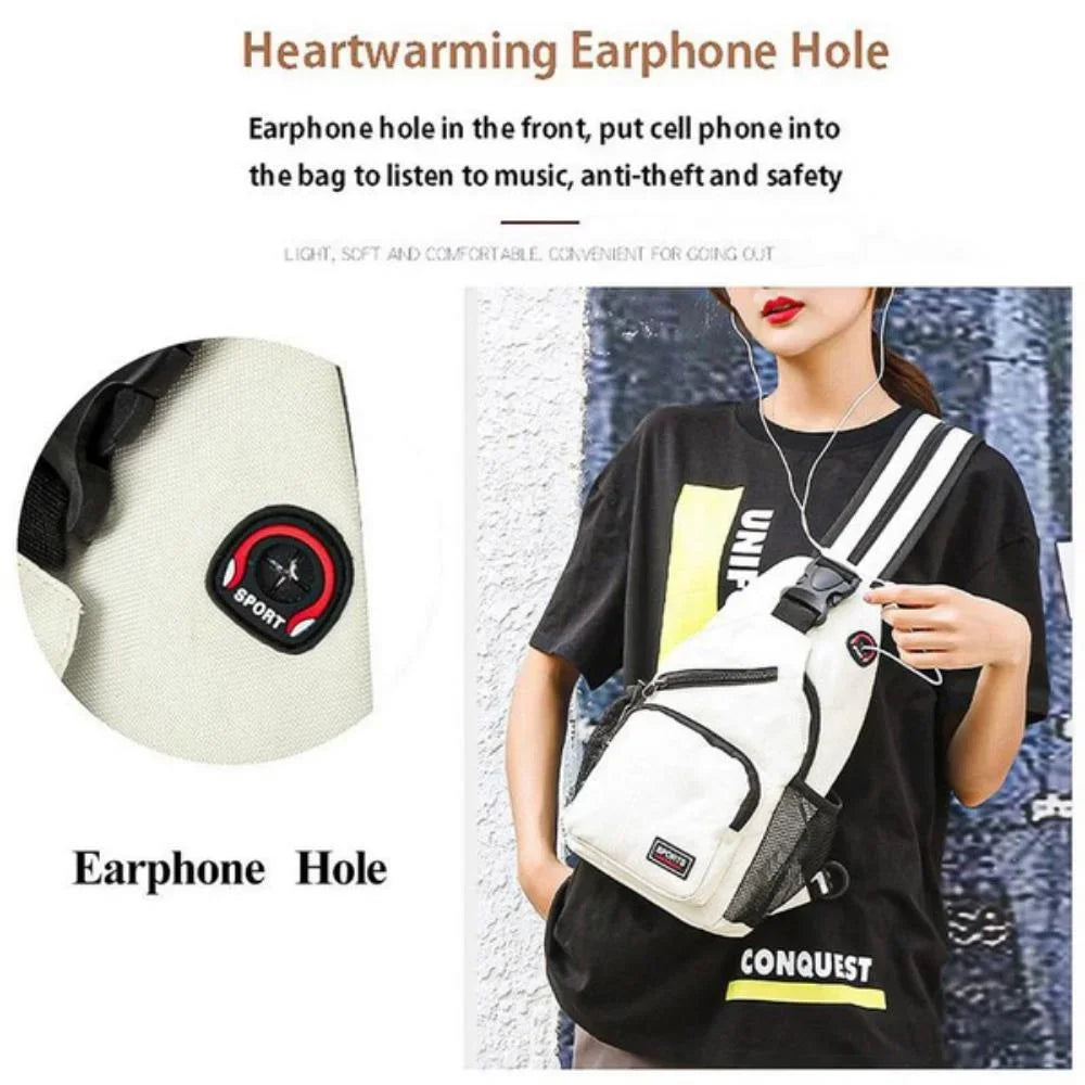 Unisex Messenger Shoulder Bag, Multi-functional Travel Backpack with Headphone Hole, Chest Bag for Men & Women