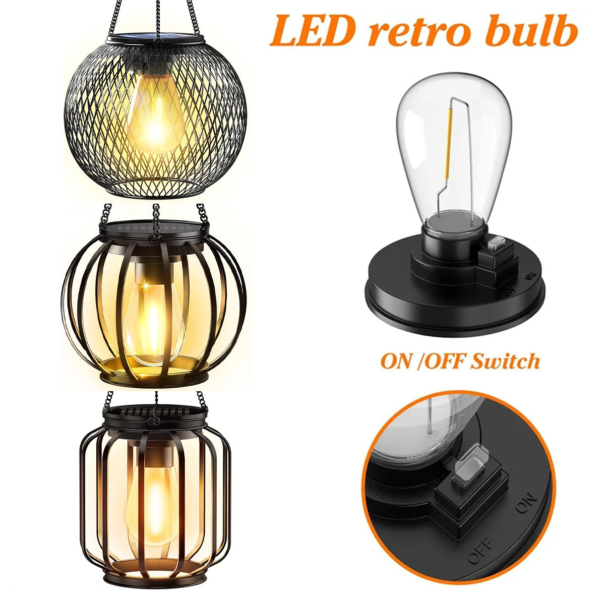 Outdoor Solar Lantern LED Light Daylight Sensor, Waterproof Garden Lamps 3000k Landscape Iron Art Hanging Chain Decor