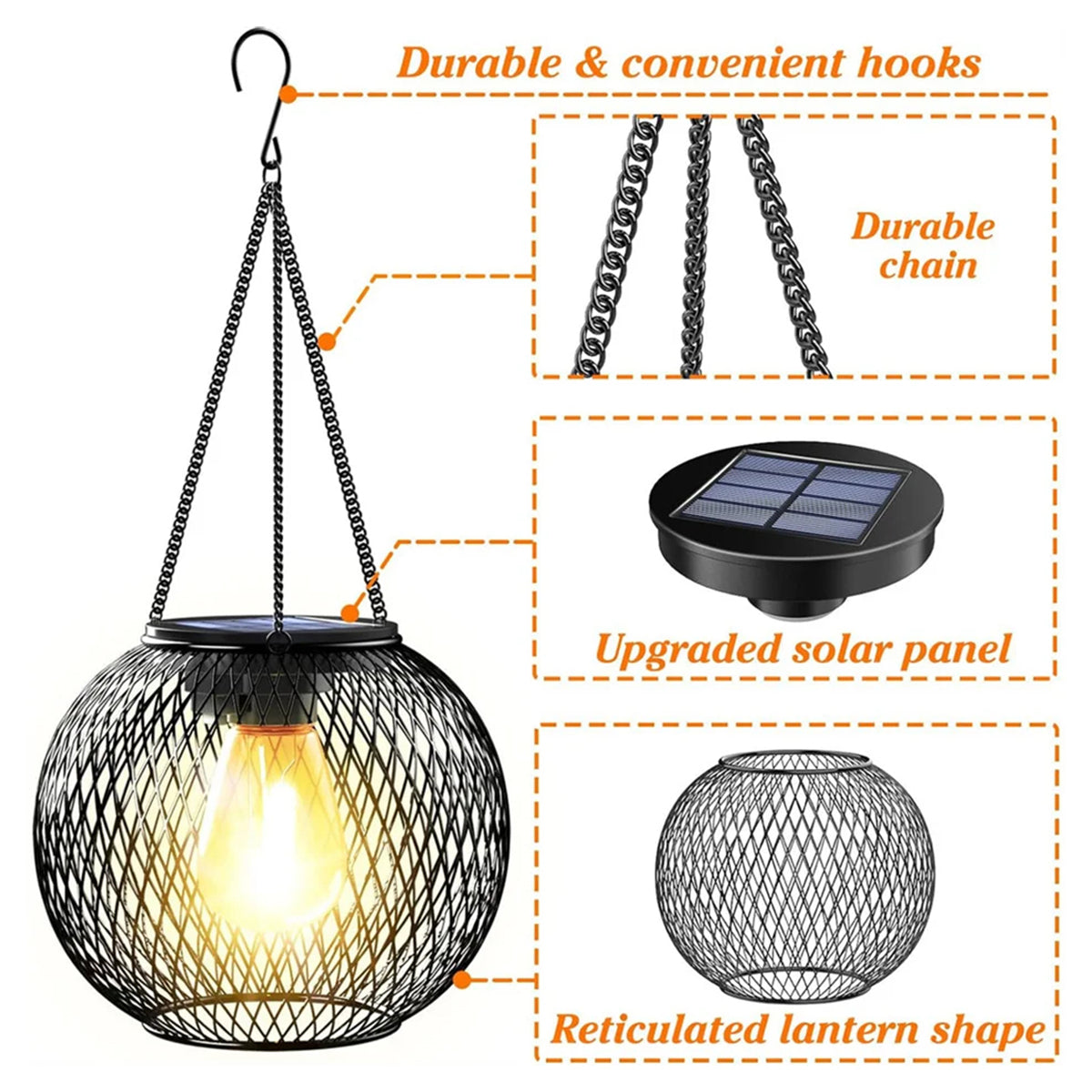 Outdoor Solar Lantern LED Light Daylight Sensor, Waterproof Garden Lamps 3000k Landscape Iron Art Hanging Chain Decor