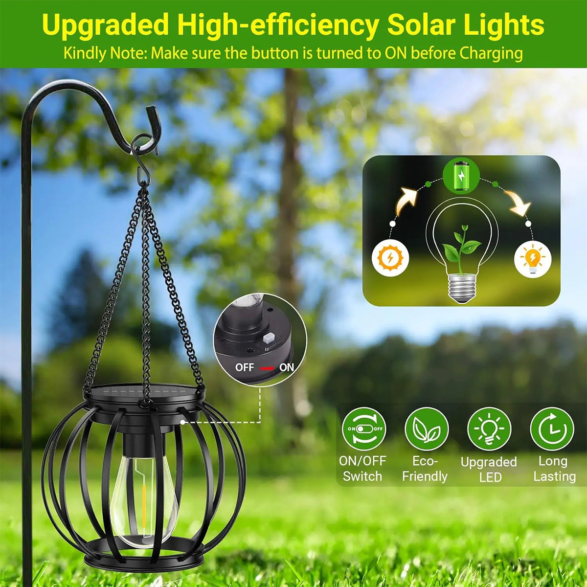 Outdoor Solar Lantern LED Light Daylight Sensor, Waterproof Garden Lamps 3000k Landscape Iron Art Hanging Chain Decor