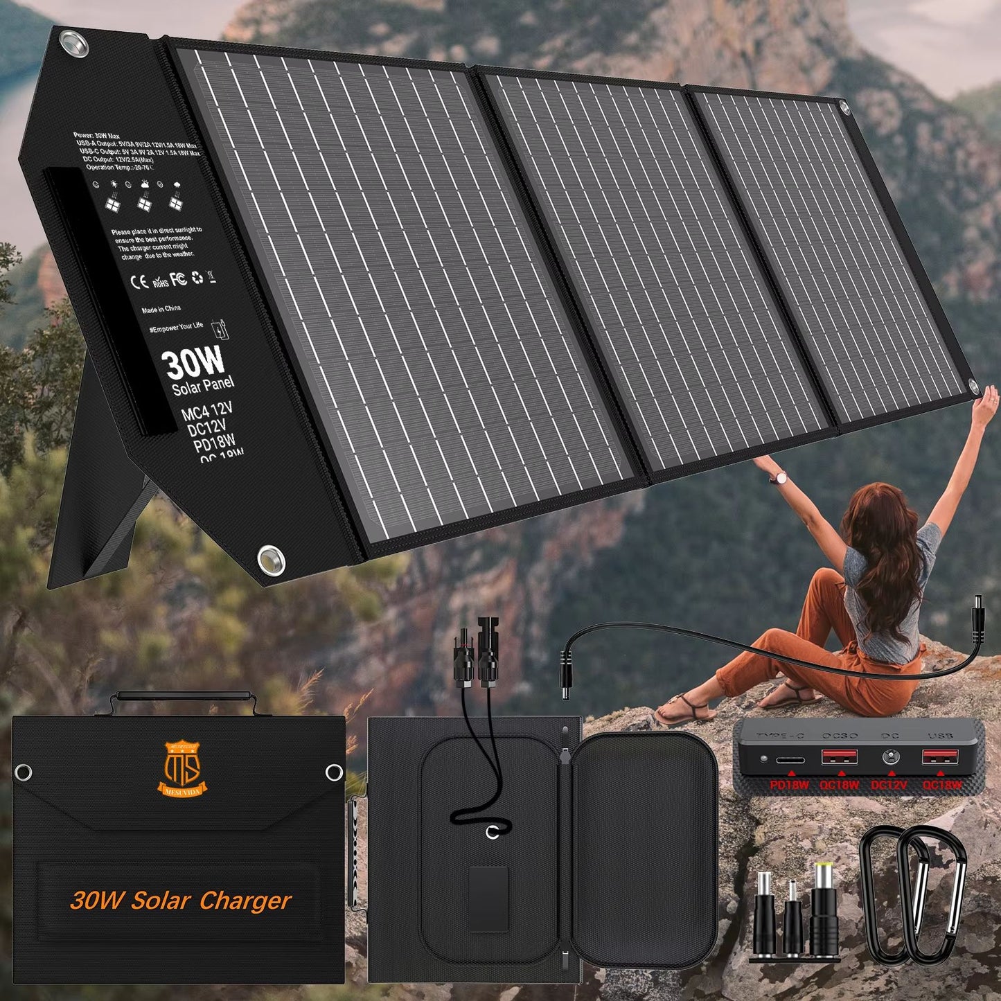 30W Portable Solar Charger – Travel-Ready Foldable Solar Panel with USB-C PD18W, QC3.0 & 18V MC4 Outputs