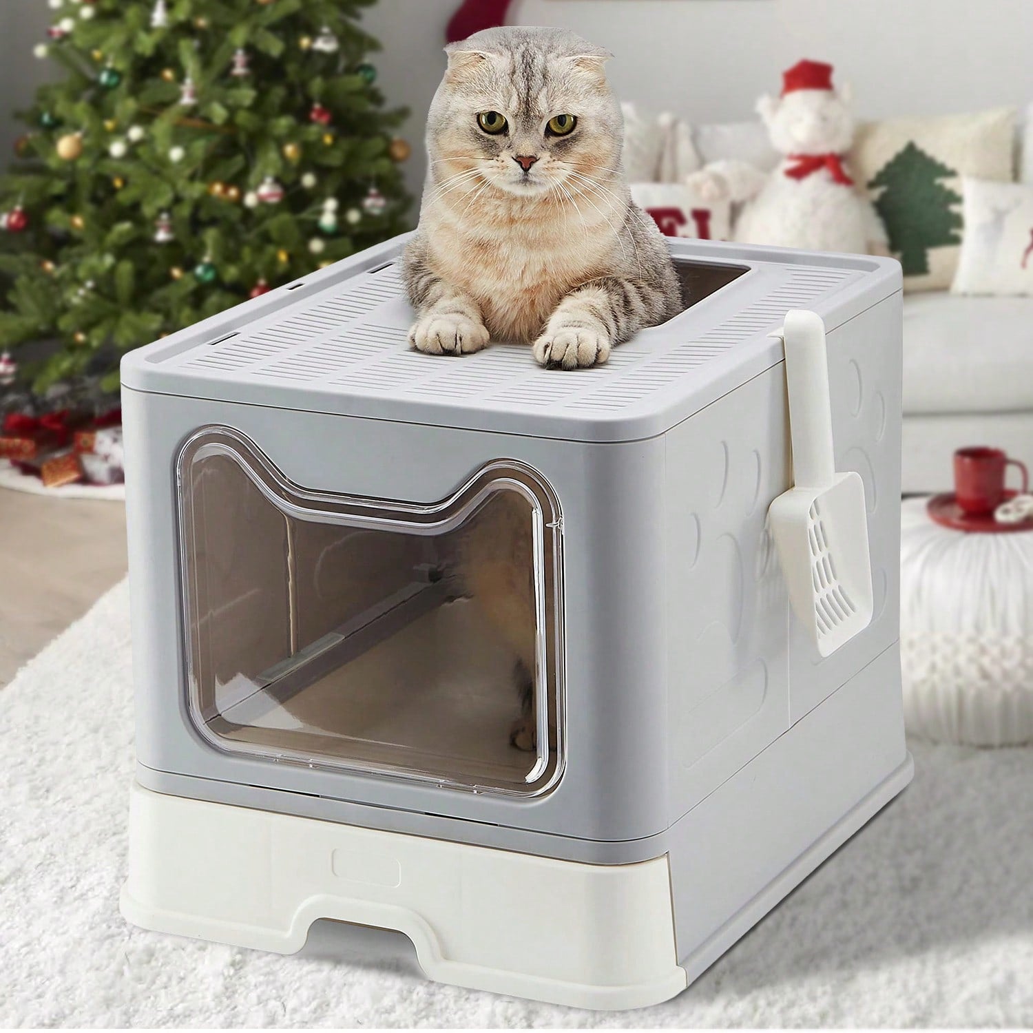 Foldable Cat Litter Box With Drawer  Scooper Convenient Covered Litter Pan For Cats Easy Cleaning