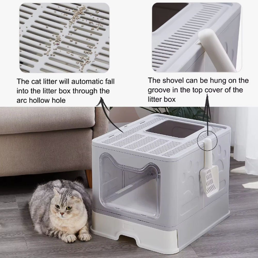 Foldable Cat Litter Box With Drawer  Scooper Convenient Covered Litter Pan For Cats Easy Cleaning