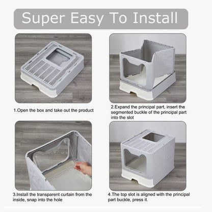 Foldable Cat Litter Box With Drawer  Scooper Convenient Covered Litter Pan For Cats Easy Cleaning