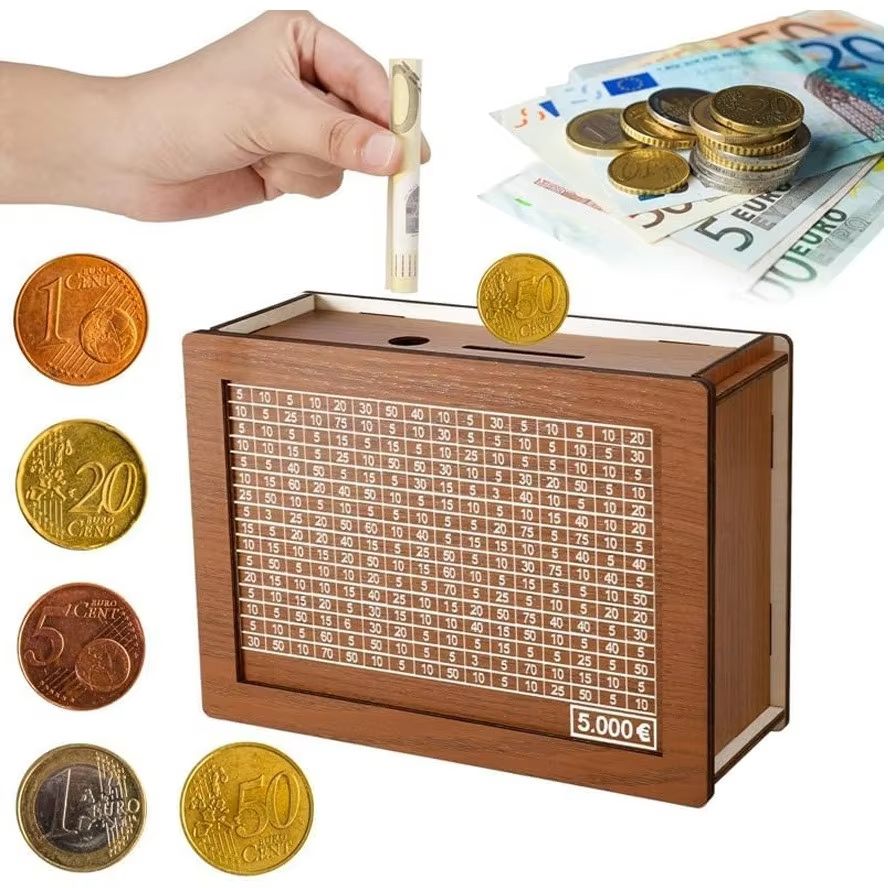 Wooden Money Saving Box – Reusable Piggy Bank with Numbered Savings Goals (1000–10000 Euro Design)
