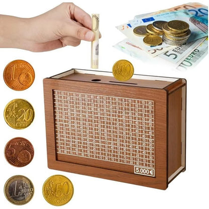 Wooden Money Saving Box – Reusable Piggy Bank with Numbered Savings Goals (1000–10000 Euro Design)