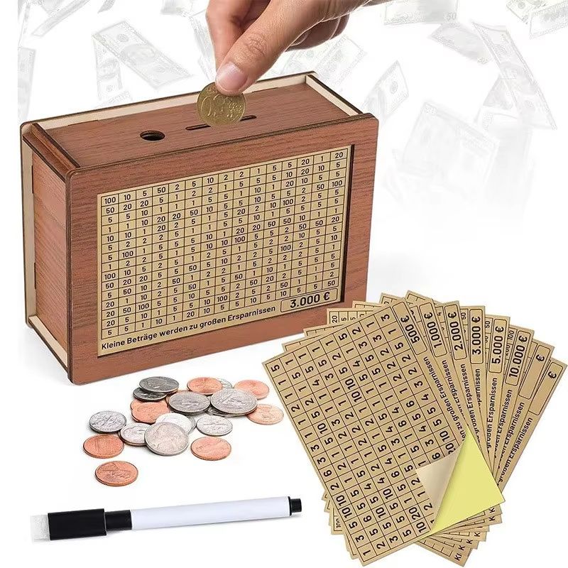 Wooden Money Saving Box  Reusable Piggy Bank With Numbered Savings Goals 100010000 Euro Design 12