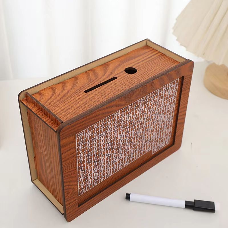 Wooden Money Saving Box  Reusable Piggy Bank With Numbered Savings Goals 100010000 Euro Design 1