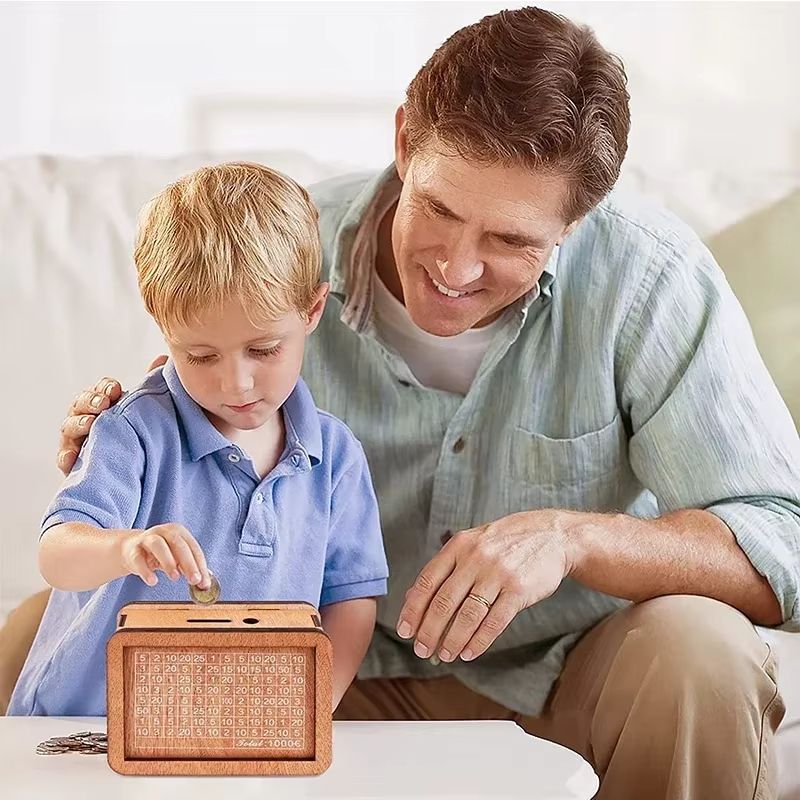 Wooden Money Saving Box  Reusable Piggy Bank With Numbered Savings Goals 100010000 Euro Design 3
