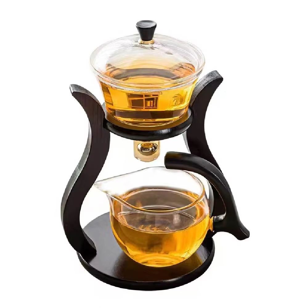 Lazy Kungfu Glass Teapot Set  SemiAutomatic HeatResistant Tea Set With Wooden Base  Magnetic Water  2